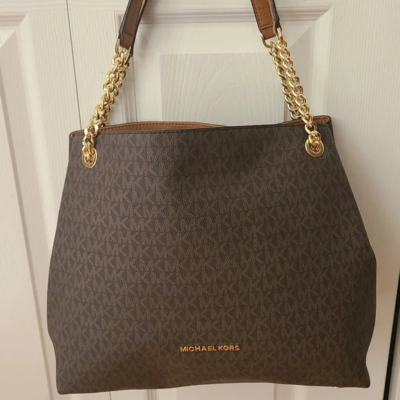Michael Kors Chain Tote Bag – NWT Brown MK Logo Gold Hardware Shoulder Purse - Picture 4 of 12